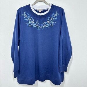 Woman Within Navy Blue Floral Embroidered Double Collar Crewneck Sweater Size 18